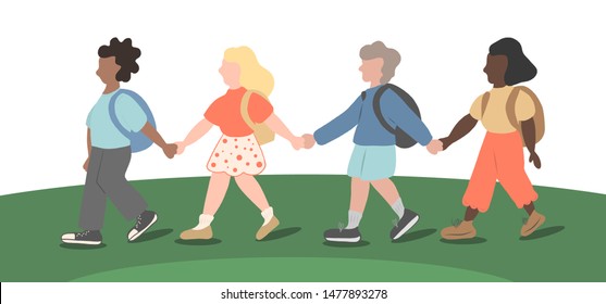 Vector illustration.  Children go to school.  Banner, template, postcard, education.