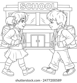 Ilustración vectorial, los niños van a la escuela, colorean libros.