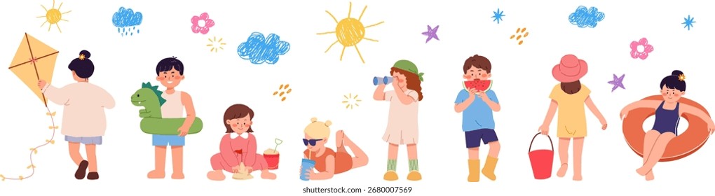 Ilustración vectorial de niños que van a la playa, nadan, juegan y disfrutan de las vacaciones de verano.