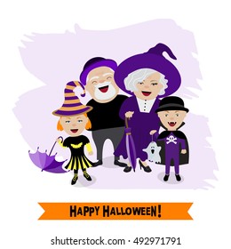 Vector illustration of children with grandparents in halloween costumes. 