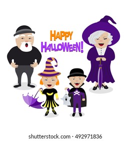 Vector illustration of children with grandparents in halloween costumes. 