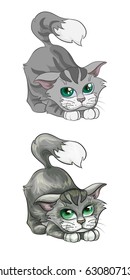 Vector illustration for children. Gray striped kitten. It is executed in two variants, isolated on a white background.