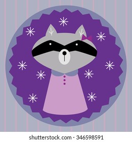 Vector illustration of children greeting card with raccoon