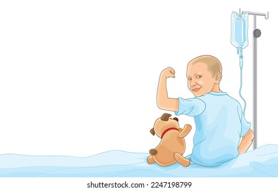 Vector illustration of children hairless after chemotherapy with receiving saline solution from bag sitting with puppy toy on bed,looks back,smiling showing strong arms,on white.Cancer treatment.