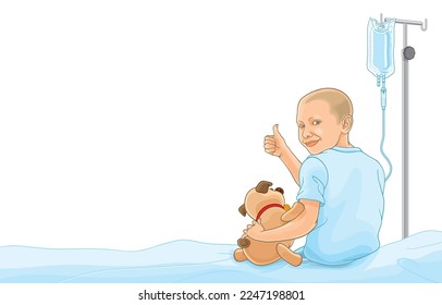 Vector illustration of children hairless after chemotherapy with receiving saline solution from bag sitting with puppy toy on bed,look back,smiling showing thumbs up,on white.Cancer treatment in kids