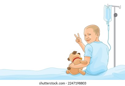 Vector illustration of children hairless after chemotherapy with receiving saline solution from bag sitting with puppy toy on bed,look back,smiling showing victory sign,on white.Cancer treatment.