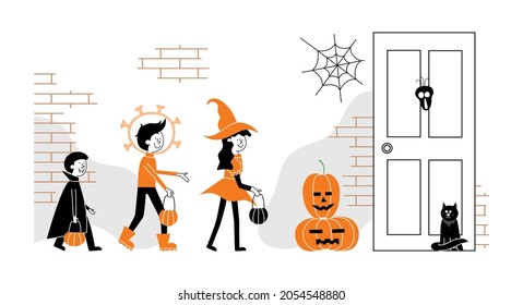 Vector illustration with children in The Halloween night. Boy wears coronavirus costume.