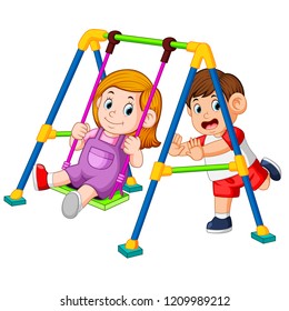vector illustration of the children have fun playing swings