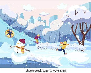 Vector illustration of children having fun in winter city park. Girl ice skating, boys snow tubing and skiing. Winter landscape with trees, snow drifts, frozen pond, cute snowman, city silhouette.