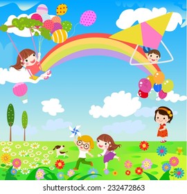 A vector illustration of children having fun playing outdoor during Spring season