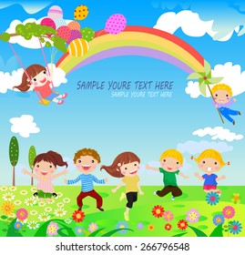 A vector illustration of children having fun playing outdoor during Spring season