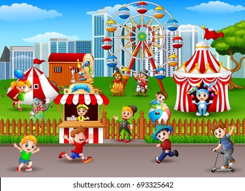 Vector illustration of Children having fun at amusement park