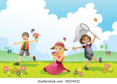 Una Ilustración vectorial de niños que se divierten jugando al aire libre durante la temporada de primavera