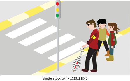 Vector Illustration of Children Helping a Blind Man, Disabled Person Waiting by the Traffic Light, Pedestrian Crossing