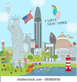 Vector illustration for a children high detail "New York". Cartoon Statue of Liberty.  Wimmelbilderbuch