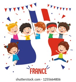 Vector Illustration Of Children Holding France Flag