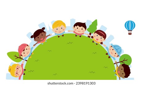 Ilustración vectorial de niños tomándose de la mano y mirando al cielo