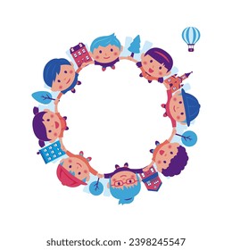 Vector illustration of children holding hands and looking up at the sky ( with text space )