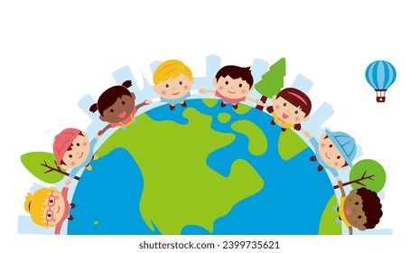 Vector illustration of children holding hands and looking up at the sky