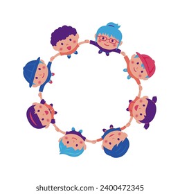 Vector illustration of children holding hands and looking up at the sky ( with text space )