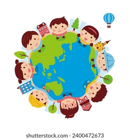 Vector illustration of children holding hands and looking up at the sky