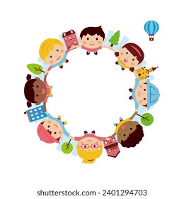 Vector illustration of children holding hands and looking up at the sky ( with text space )