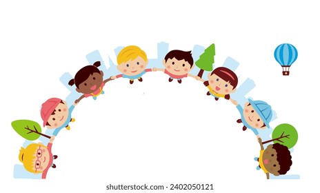 Vector illustration of children holding hands and looking up at the sky ( with text space )