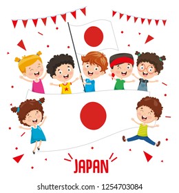 Vector Illustration Of Children Holding Japan Flag