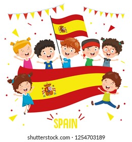 Vector Illustration Of Children Holding Spain Flag