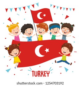 Vector Illustration Of Children Holding Turkey Flag