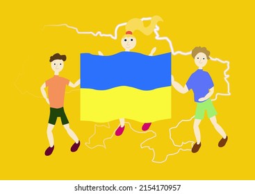 Vector illustration of children holding the Ukrainian flag on the background of the map of Ukraine.