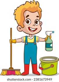 vector illustration of children with housekeeping home cleaning equipment. Smiling boy and girl children persons with vacuum cleaner, brush, detergent spray, bucket tools. Household washing suppliesi