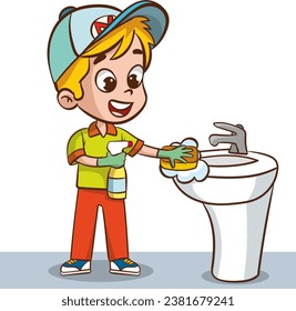 vector illustration of children with housekeeping home cleaning equipment.