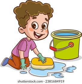 vector illustration of children with housekeeping home cleaning equipment. Smiling boy and girl children persons with vacuum cleaner, brush, detergent spray, bucket tools. Household washing suppliesi