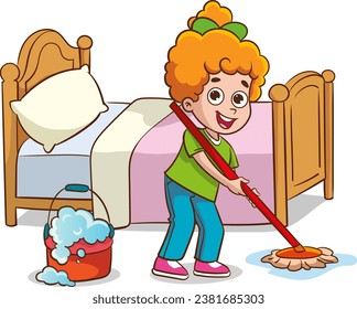 vector illustration of children with housekeeping home cleaning equipment. Smiling boy and girl children persons with vacuum cleaner, brush, detergent spray, bucket tools. Household washing suppliesi