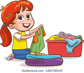 vector illustration of children with housekeeping home cleaning equipment.
