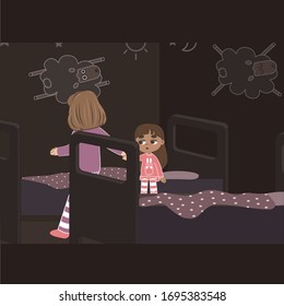 Vector illustration of the children lay in bed and sleep. The girls woke up and went. Kids in their room. A dark room. Two sisters in pajamas.