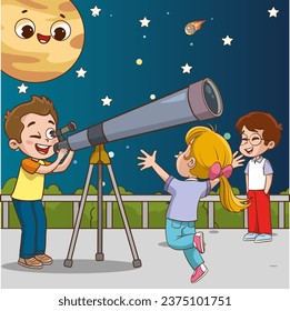 Vector Illustration of Children looking at telescope