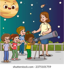 Ilustración vectorial de niños mirando el telescopio