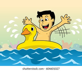 vector illustration children love to swim and play water with swimming yellow duck swimming float 