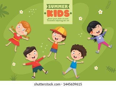 Vector Illustration Of Children Lying On Grass