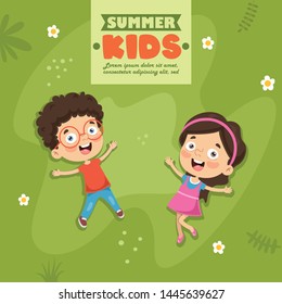 Vector Illustration Of Children Lying On Grass