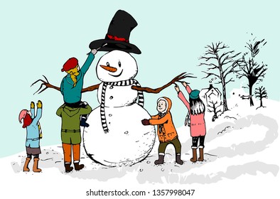 Vector illustration of children make snowman at the park during winter holiday. This illustration could be use for card, book, poster, etc.