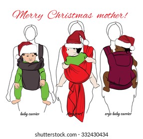 Vector illustration of children with mothers into baby carrier, ergo baby carrier and sling scarf