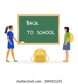 Vector illustration Children near chalkboard. Elementary school pupils. Schoolgirls excited to start school. First day at school. Back to school. Education concept. Learning. Design for web, print
