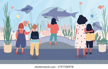 Vector illustration of children at oceanarium. Group of young people with teacher looking on sea and ocean fauna in aquarium