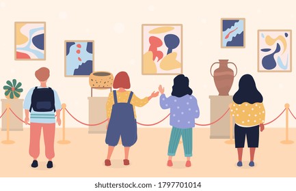 Vector Illustration Of Children On Excursion In Museum. Group Of Young People Visiting London City In United Kingdom