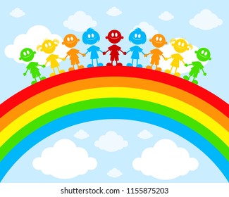 Vector illustration of children on a rainbow