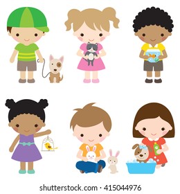 Vector illustration of children with pets including dog, cat, fish, bird, and rabbit.