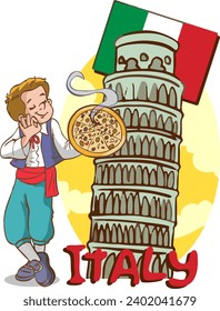 ilustración vectorial de niños con pizza y bandera de Italia en el fondo